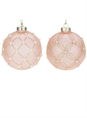 Glas Julekugle 8 cm. Frosty Rosa/Guld Glitter, Blomst